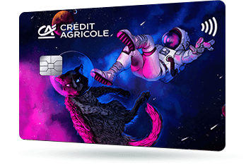 CA293 - Karta Credit Agricole z wizerunkiem postaci w skafandrze astronauty i kota w hełmie. Obie postaci są w przestrzeni kosmicznej