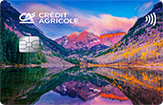 ID: CA254 – Karta Credit Agricole z namalowanym krajobrazem gór i jeziora, w którym odbija się ich widok