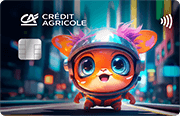 ID: CA344 – Karta Credit Agricole z wizerunkiem kolorowej, małej postaci, przypominającej zwierzę spoza planety, ubranej w kostium astronauty