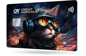 CA341 – Karta Credit Agricole z wizerunkiem kota w goglach i stroju astronauty. Za nim wirujące tło