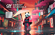 ID: CA334 – Karta Credit Agricole z wizerunkiem pandy w japońskim kimono z parasolką w łapie, na tle japońskiej uliczki