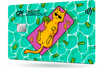 CA296 - Karta Credit Agricole z grafiką rudego kota w okularach, który trzyma pieniądze i leży na różowym dmuchanym materacu w basenie. Na wodzie unoszą się pieniądze