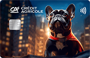 ID: CA343 – Karta Credit Agricole z wizerunkiem małego psa w pelerynie superbohatera, który siedzi otoczony wieżowcami
