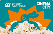 ID: CA347 – Karta Credit Agricole i Cinema City z grafiką zielononiebieskiego królika na pomarańczowym tle, który przytula się do góry popcornu