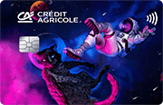 ID: CA293 – Karta Credit Agricole z wizerunkiem postaci w skafandrze astronauty i kota w hełmie. Obie postaci są w przestrzeni kosmicznej