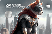ID: CA340 – Karta Credit Agricole z wizerunkiem kota w zbroi superbohatera, na tle dużego miasta