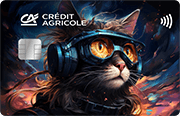ID: CA341 – Karta Credit Agricole z wizerunkiem kota w goglach i stroju astronauty. Za nim wirujące tło
