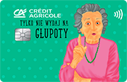 ID: CA294 – Karta Credit Agricole z grafiką starszej pani w różowej bluzce, która podnosi zakazująco palec do góry. Obok niej jest napis „tylko nie wydaj na głupoty