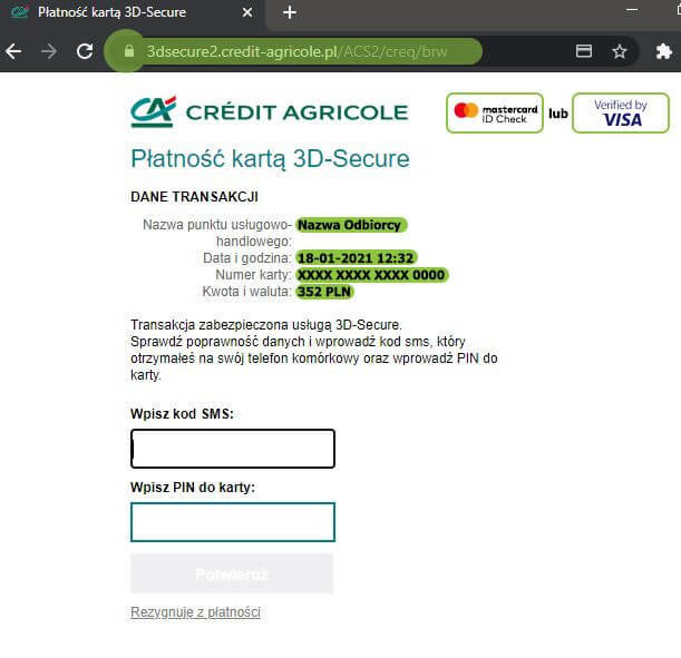 Ekran przedstawiający stronę do wpisania kodu i PIN-u karty zawierającą szczegóły transakcji