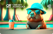 ID: CA328 – Karta Credit Agricole z wizerunkiem kapibary w okularach przeciwsłonecznych i kapeluszu, która siedzi w basenie z napojem ze słomką