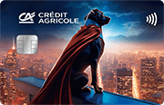 ID: CA342 – Karta Credit Agricole z wizerunkiem dużego psa w pelerynie superbohatera, który patrzy na miasto z góry