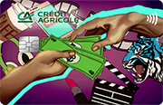 ID: CA292 – Karta Credit Agricole z grafiką dłoni, które przekazują sobie pieniądze. Tło jest fioletowe z ikonami pomadki, tygrysa, taśmy filmowej, słuchawek, kubka kawy, telefonu i klapsa filmowego