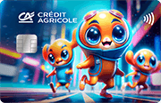 ID: CA345 – Karta Credit Agricole z wizerunkiem trzech kolorowych postaci ubranych w kosmiczne stroje, które biegną po ulicy