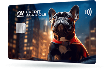 CA343 – Karta Credit Agricole z wizerunkiem małego psa w pelerynie superbohatera, który siedzi otoczony wieżowcami