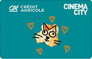 ID: CA346 – Karta Credit Agricole i Cinema City z grafiką popcornu, który ma dorysowane oczy, wąsy i uszy kota. Dookoła są dorysowane pomarańczowe serduszka. Karta jest w zielononiebieskim kolorze
